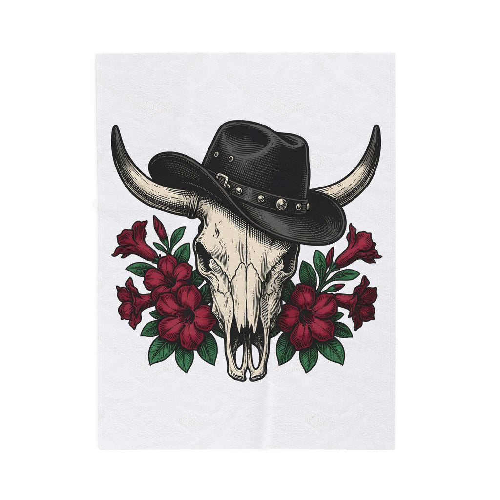 Bull Skull Hat Blanket Cowgirl Ranch Gift Women Line Art Blanket Skull Cap Blanket Cowgirl Fan Illustration Graphic Retro Crimson Blooms Blanket