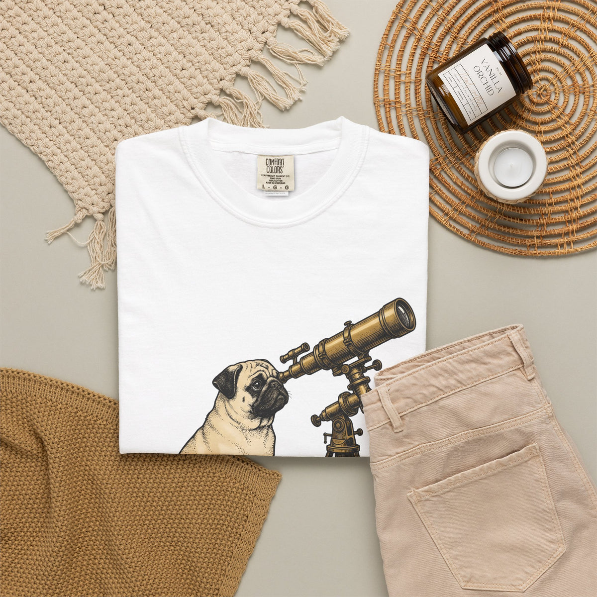 Pug Puppy T-Shirt Dog Space Gift Women Retro T-Shirt Puppy T-Shirt Dog Fan Canine T-Shirt Vintage Graphic Astronomy Illustration Sketch Binoculars
