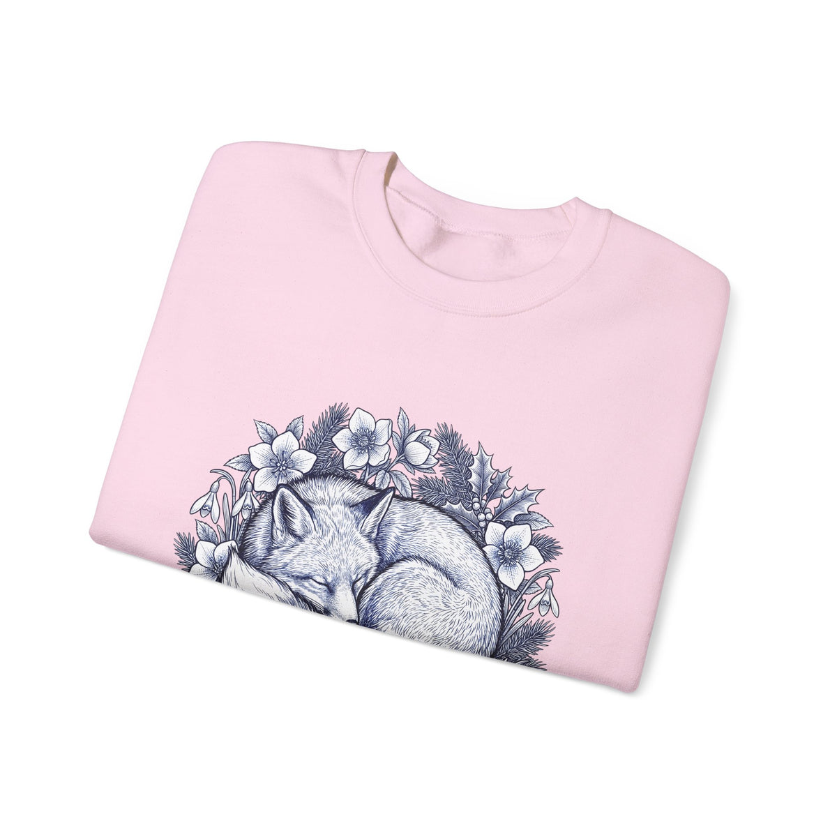 Fox Blossom Sweatshirt Christmas Creature Gift Women Cartoon Sweatshirt Flower Sweatshirt Xmas Fan Comic Sweatshirt Beast Graphic Hand Drawn Pine Branch Sweatshirt