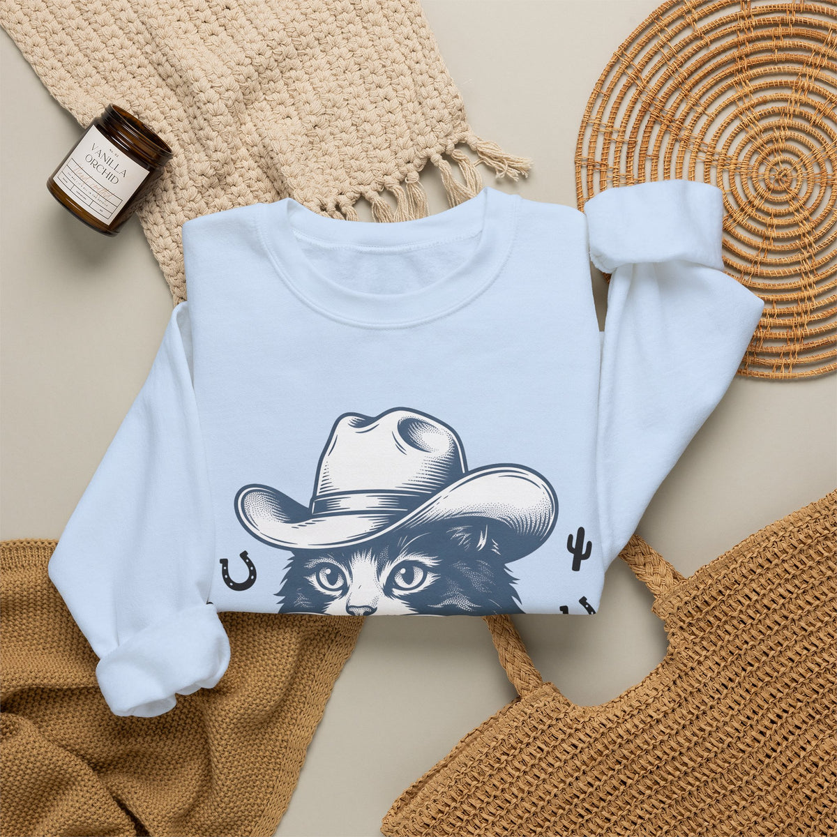 Western Cat Sweatshirt Cat Cowboy Gift Women Distressed Sweatshirt Kitty Sweatshirt Cat Fan Frayed Sweatshirt Rodeo Graphic Doodle Desert Plant Sweatshirt