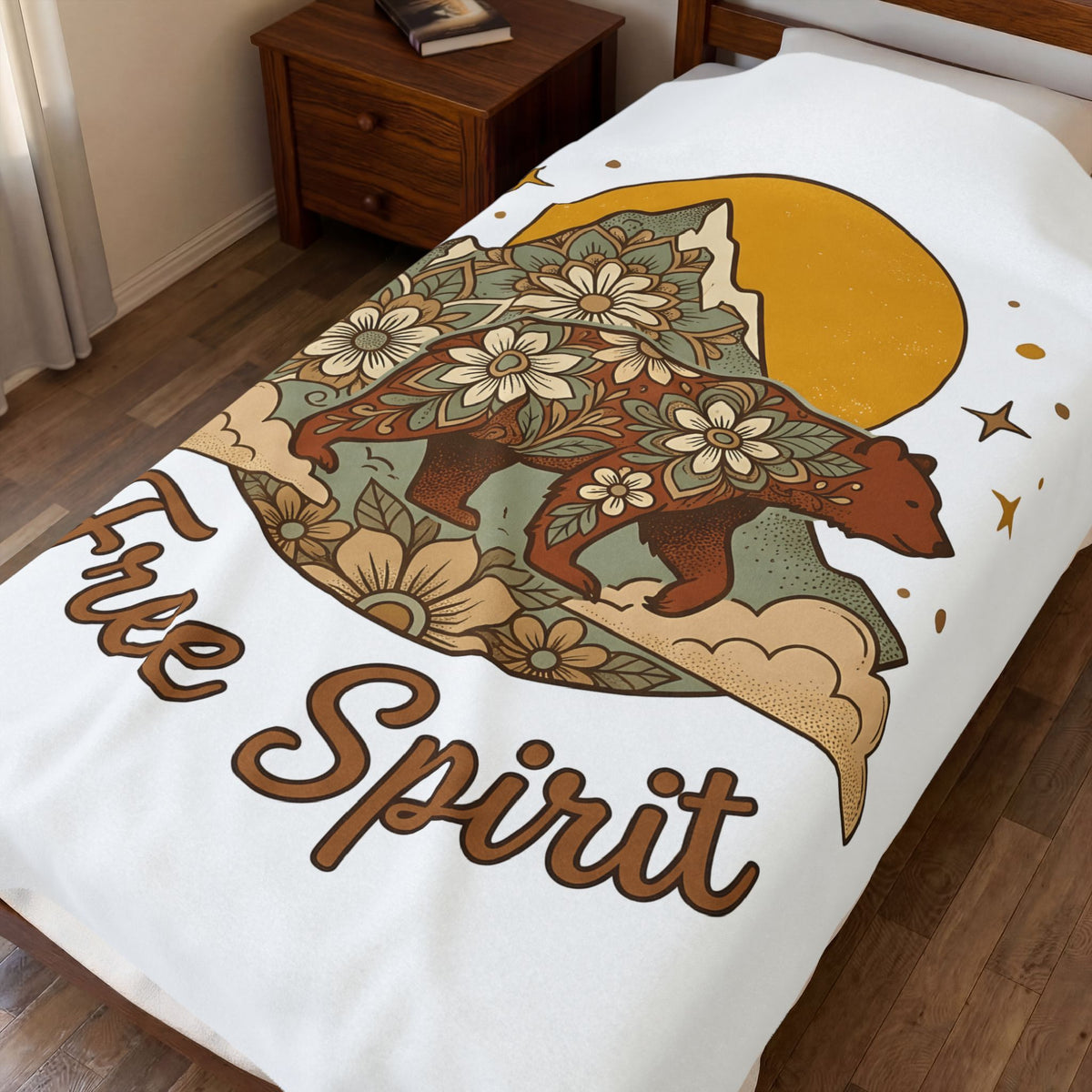 Flower Bear Blanket Boho Chic Outdoors Gift Women Hippie Blanket Teddy Bear Blanket Bohemian Fan Psychedelic Blanket Nature Graphic Retro Hill