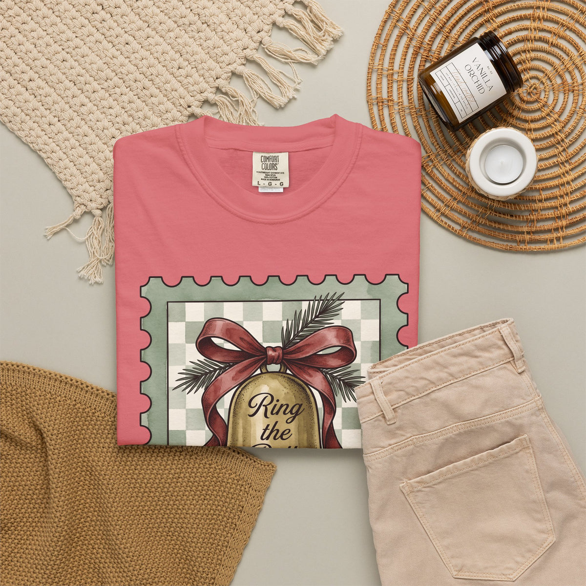 Festive Bell T-Shirt Christmas Seasonal Gift Women Retro T-Shirt Jingle Bell T-Shirt Christmas Fan Vintage T-Shirt Holiday Graphic Rustic Fir Twig