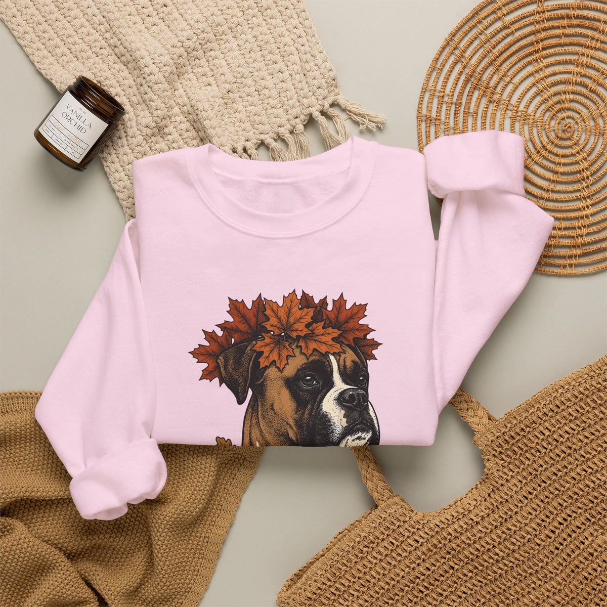 Boxer Puppy Sweatshirt Dog Autumn Gift Women Retro Sweatshirt Puppy Sweatshirt Dog Fan Pup Sweatshirt Fall Graphic Sketch Fall Leaves Sweatshirt