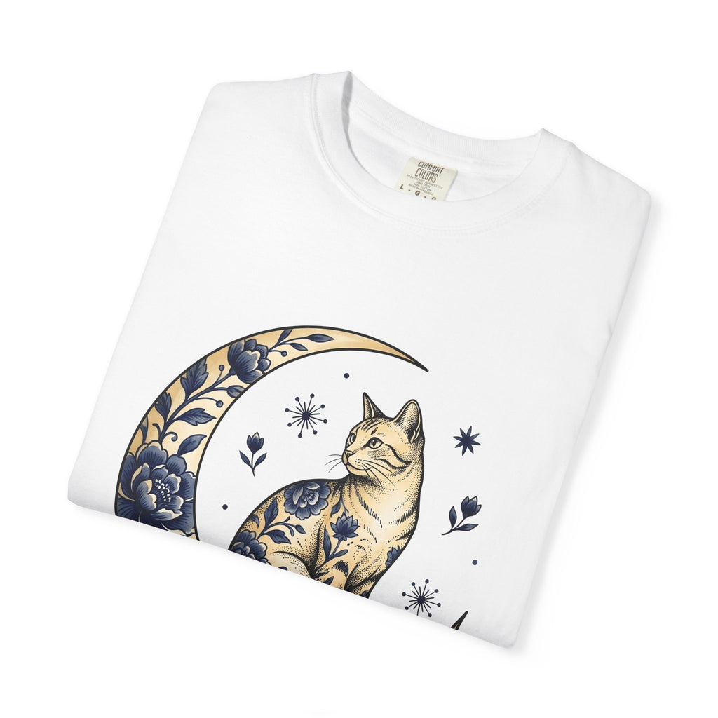 Flower Kitty T-Shirt Cat Astrology Gift Women Hippie T-Shirt Kitty Cat T-Shirt Cat Fan Zodiac Graphic T-Shirt Retro Half Moon T-Shirt