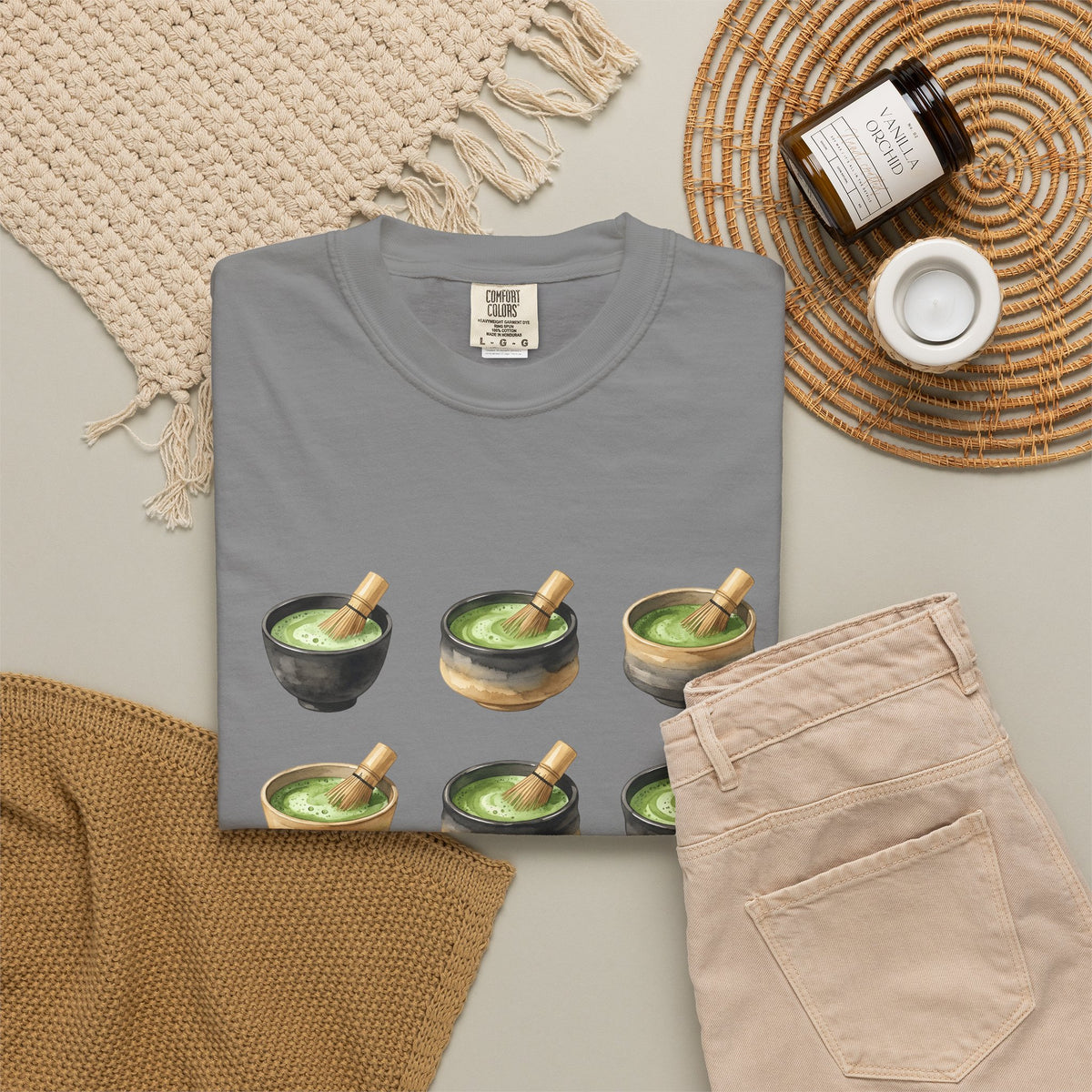 Green Tea Bowls T-Shirt Drinks Infusion Gift Women Gouache T-Shirt Tea Bowls T-Shirt Beverage Fan Watercolor T-Shirt Steeped Graphic Simple Wooden