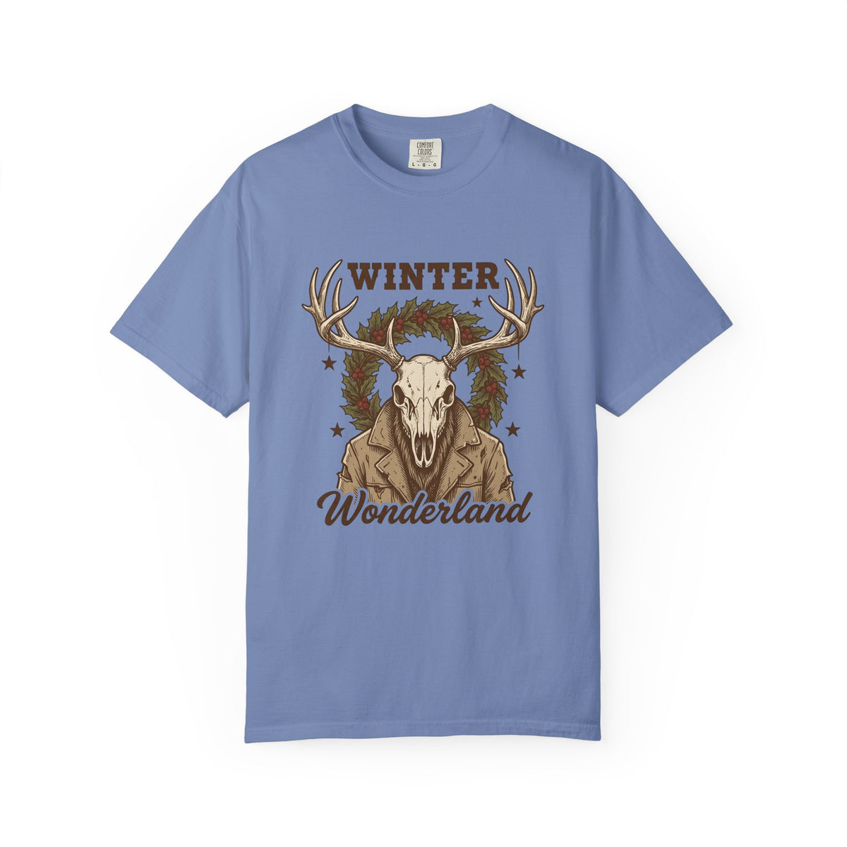 Antler Skull T-Shirt Christmas Frost Gift Women Throwback T-Shirt Deer Skull T-Shirt Xmas Fan Holiday T-Shirt Frosty Graphic Cartoon Pine Wreath