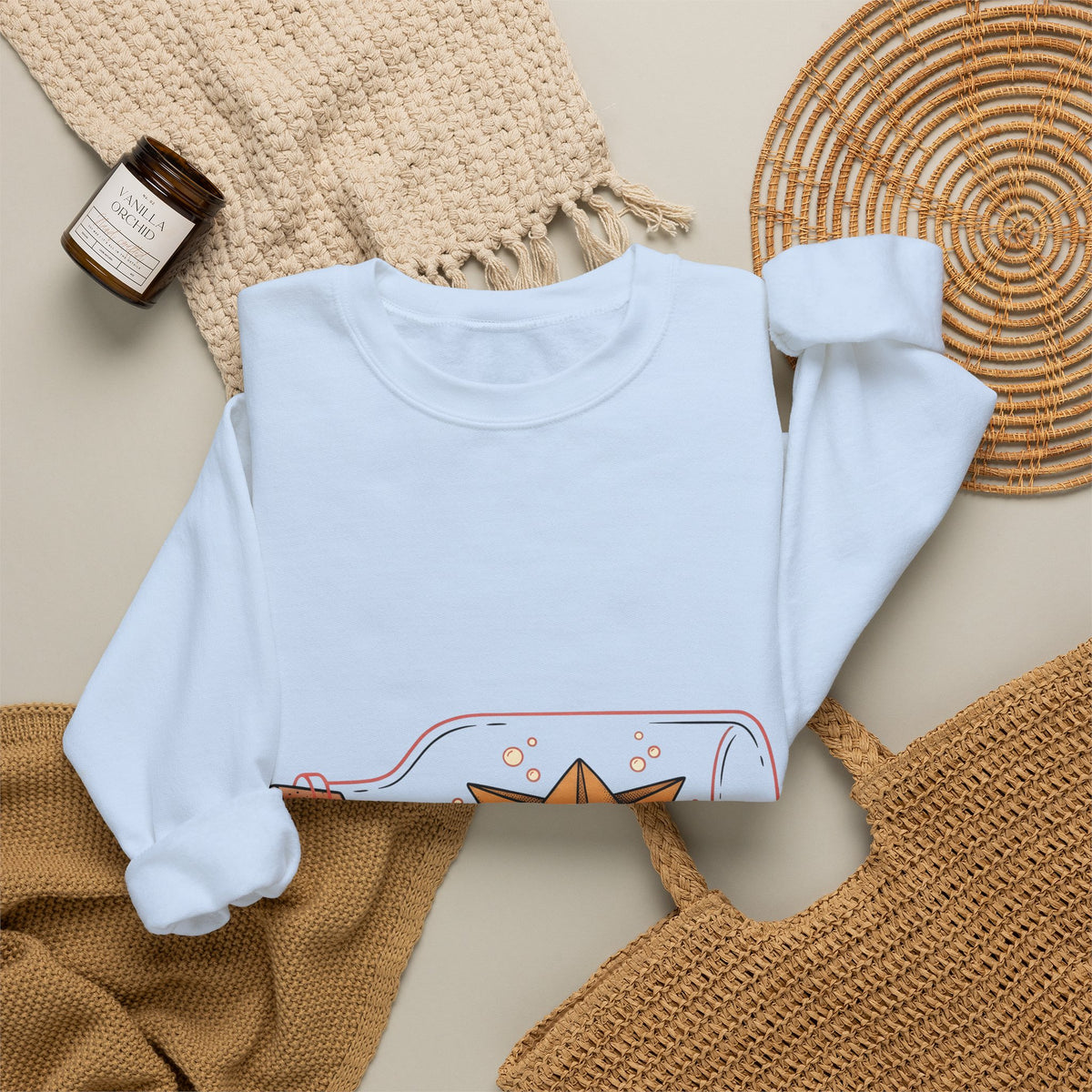 Paper Boat Bottle Sweatshirt Cute Nautical Gift Women Whimsical Sweatshirt Glass Bottle Sweatshirt Adorable Fan Artistic Sweatshirt Maritime Graphic Hand Drawn