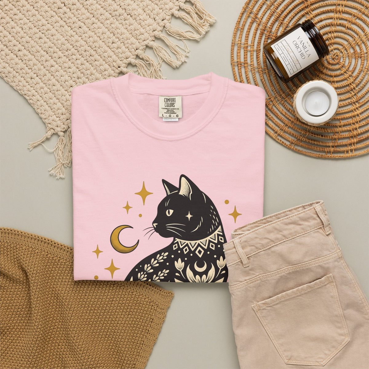 Astral Cat T-Shirt Boho Chic Esoteric Gift Women Ethnic T-Shirt Celestial Cat T-Shirt Bohemian Fan Tribal T-Shirt Mystical Graphic Sleek Moonlight