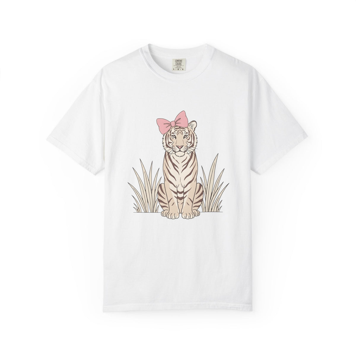 Tiger Bow Cute Animal Gift Minimalist Ribbon Adorable Fan Simple Wildlife Hand Drawn Grass T-Shirt