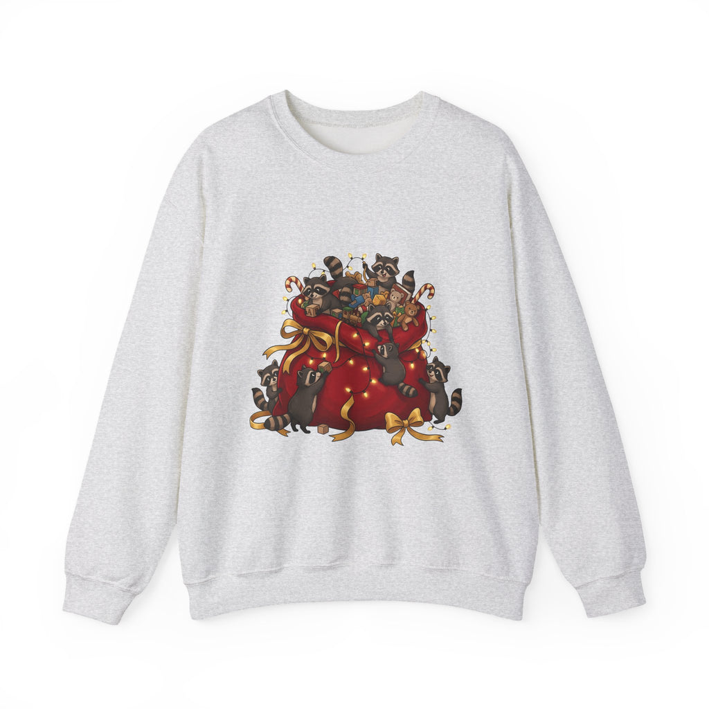 Raccoon Toy Sack Sweatshirt Christmas Animals Gift Women Cute Sweatshirt Trash Panda Sweatshirt Xmas Fan Critter Graphic Sweatshirt Hand Drawn Fairy Lights