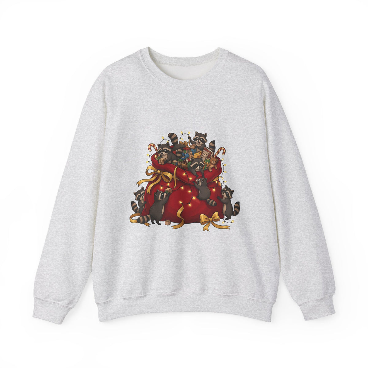 Raccoon Toy Sack Sweatshirt Christmas Animals Gift Women Cute Sweatshirt Trash Panda Sweatshirt Xmas Fan Critter Graphic Sweatshirt Hand Drawn Fairy Lights