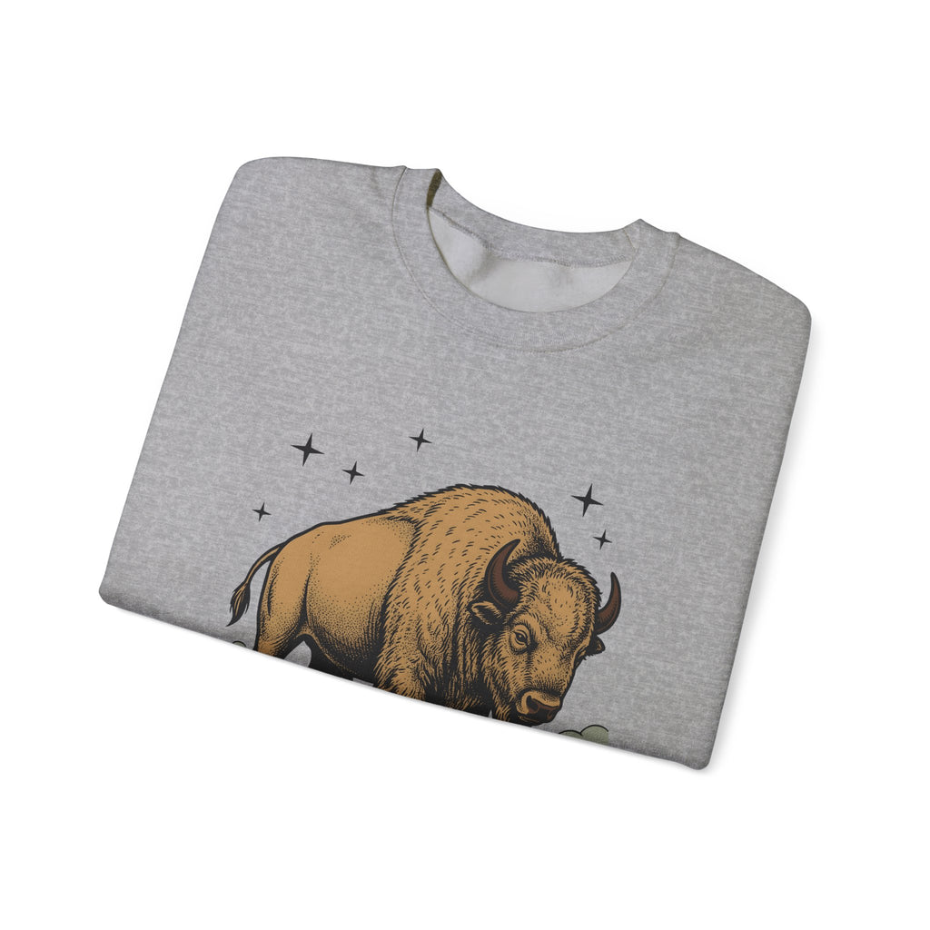Buffalo Art Sweatshirt Animal Environment Gift Women Rustic Sweatshirt Bison Sweatshirt Wildlife Fan Primitive Sweatshirt Eco Graphic Line Art Star Symbols