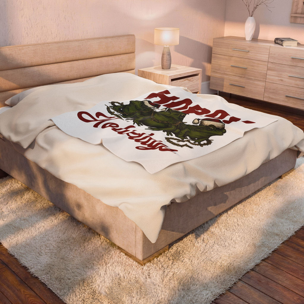 Frog Holiday Hats Christmas Wildlife Gift Hand Drawn Toad Xmas Fan Illustrated Animal Line Blanket