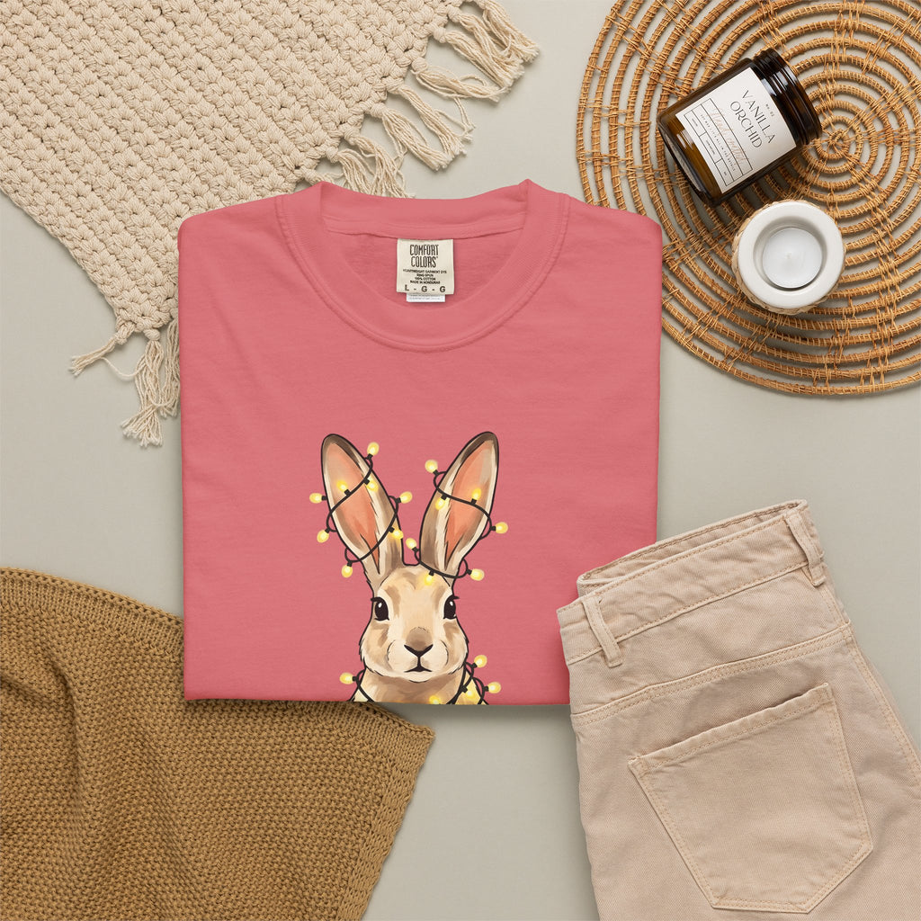 Bunny T-Shirt Animals Holiday Gift Women Cute T-Shirt Rabbit T-Shirt Pet Fan Cute T-Shirt Christmas Graphic Hand Drawn String Lights T-Shirt