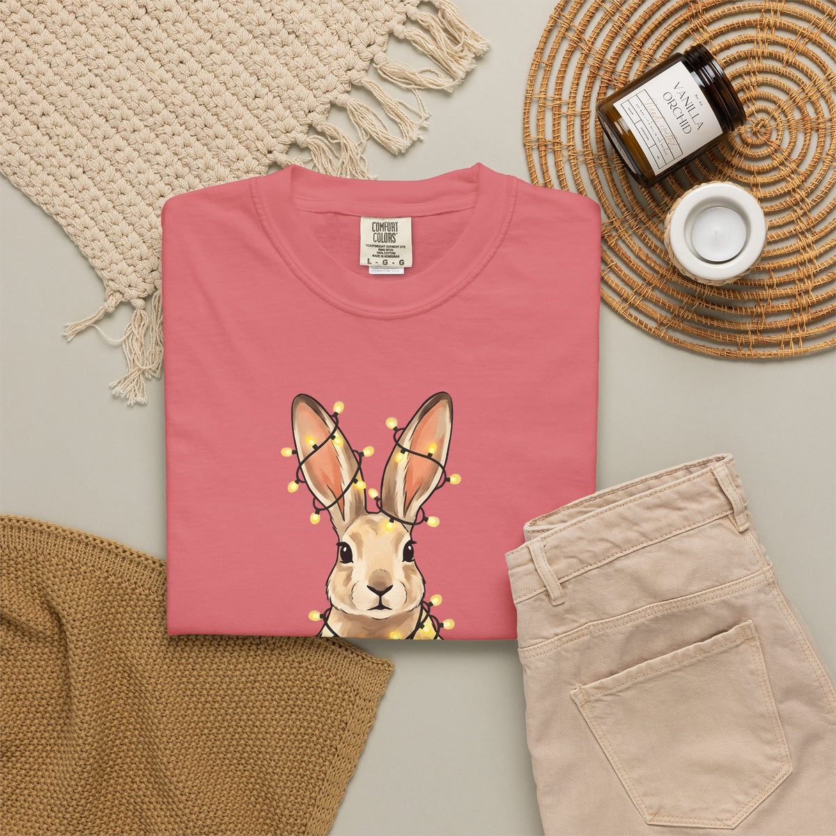 Bunny T-Shirt Animals Holiday Gift Women Cute T-Shirt Rabbit T-Shirt Pet Fan Cute T-Shirt Christmas Graphic Hand Drawn String Lights T-Shirt