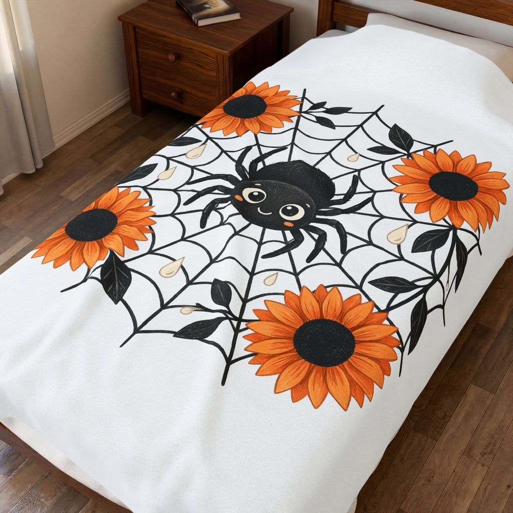 Spider Web Sunflower Blanket Boho Chic Autumn Gift Women Cartoon Blanket Sunflower Blanket Hippie Fan Comic Blanket Fall Graphic Doodle Petal