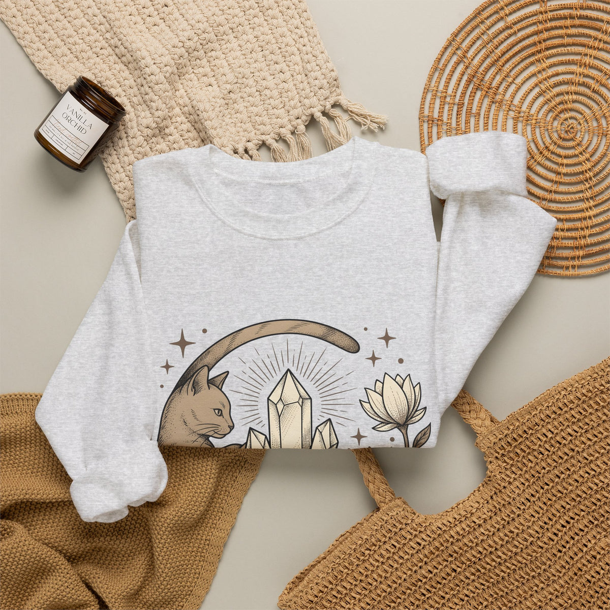 Kitty Stone Sweatshirt Cat Esoteric Gift Women Bohemian Sweatshirt Cat Sweatshirt Cat Fan Mystical Graphic Classic Lotus Blossom Sweatshirt