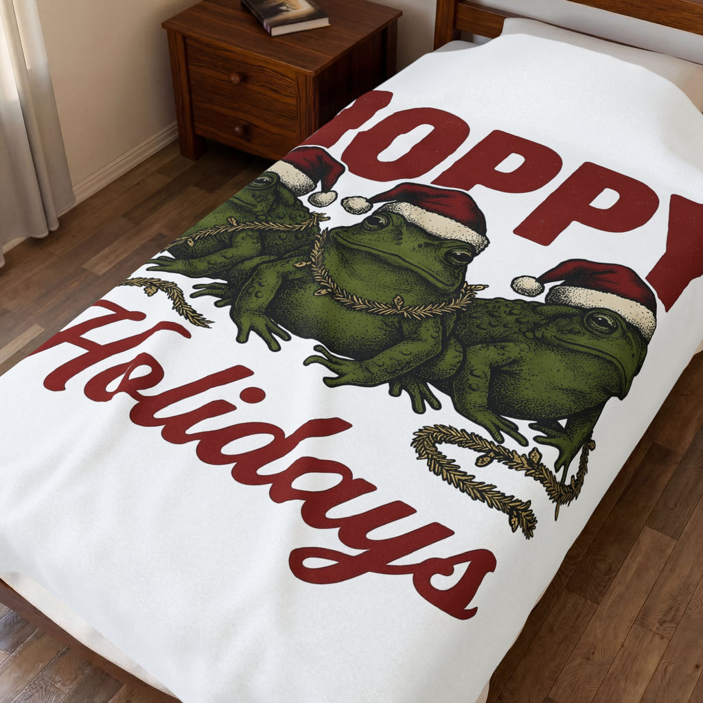 Frog Holiday Hats Christmas Wildlife Gift Hand Drawn Toad Xmas Fan Illustrated Animal Line Blanket
