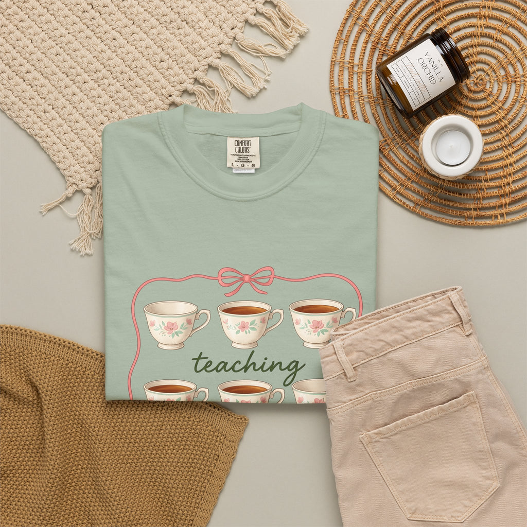 Floral Teacup T-Shirt Teachers Coffee Gift Women Vintage T-Shirt Teacup T-Shirt Educator Enthusiast Retro T-Shirt Caffeine Graphic Hand Drawn Bow