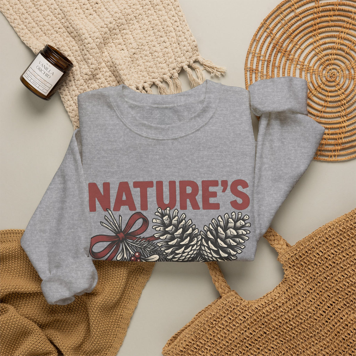 Pinecone Twig Sweatshirt Christmas Outdoors Gift Women Retro Sweatshirt Branch Sweatshirt Xmas Fan Evergreen Graphic Sweatshirt Sketch Ribbon Sweatshirt