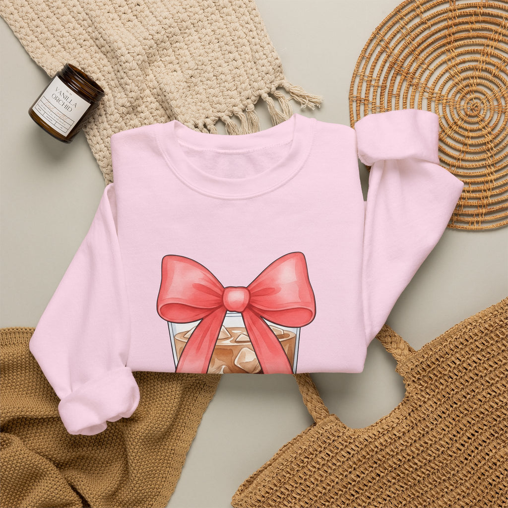Iced Coffee Sweatshirt Coffee Mom Gift Women Watercolor Sweatshirt Cold Brew Sweatshirt Coffee Fan Watercolour Sweatshirt Mother Graphic Hand Drawn Pink Bow