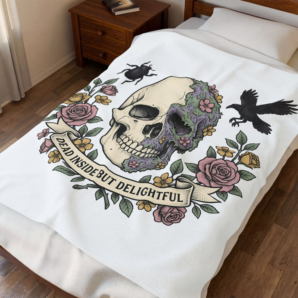Bone Flower Halloween Occult Gift Neo Traditional Skeleton Horror Fan Tattoo Mystic Hand Drawn Blanket
