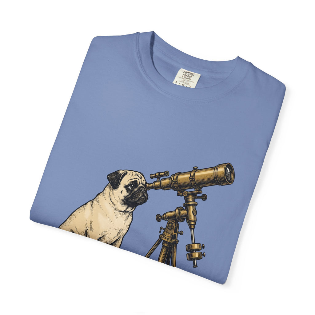 Pug Puppy T-Shirt Dog Space Gift Women Retro T-Shirt Puppy T-Shirt Dog Fan Canine T-Shirt Vintage Graphic Astronomy Illustration Sketch Binoculars