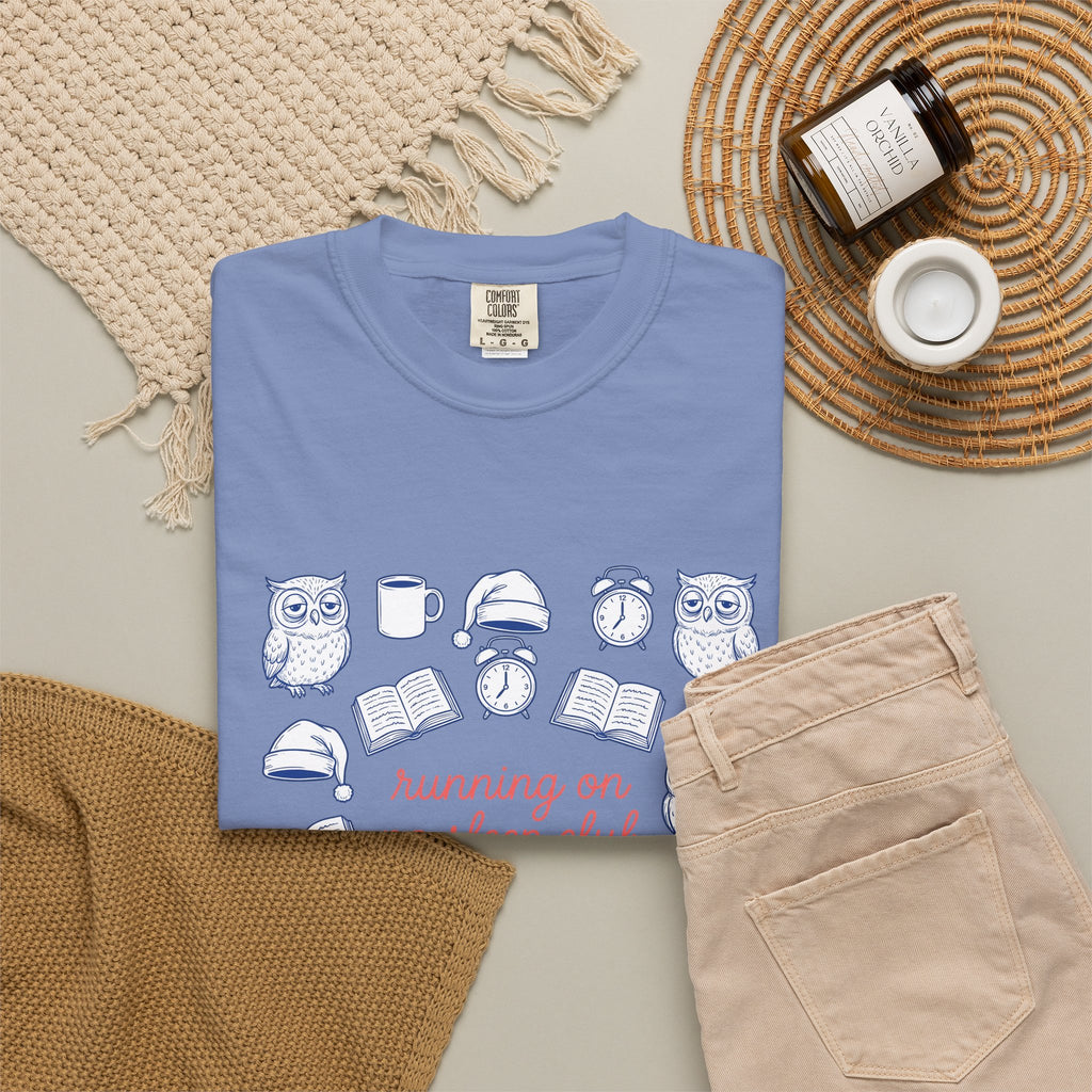 Sleepy Owl T-Shirt Mom Book Gift Women Hand Drawn T-Shirt Owl T-Shirt Mother Fan Owl T-Shirt Bibliophile Graphic Doodle Coffee T-Shirt T-Shirt