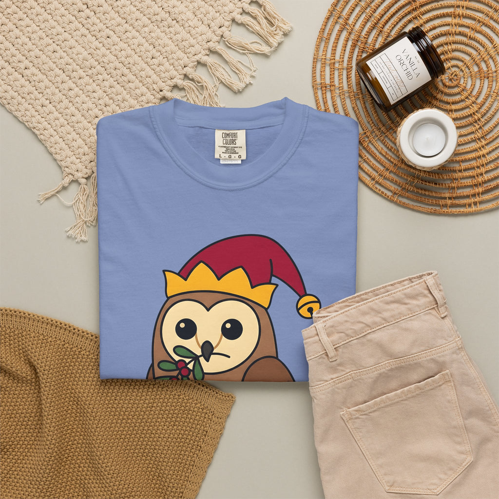 Owl Print T-Shirt Christmas Fauna Gift Women Playful T-Shirt Owl T-Shirt Christmas Fan Hoot Graphic Wildlife Illustration Fun Pine T-Shirt