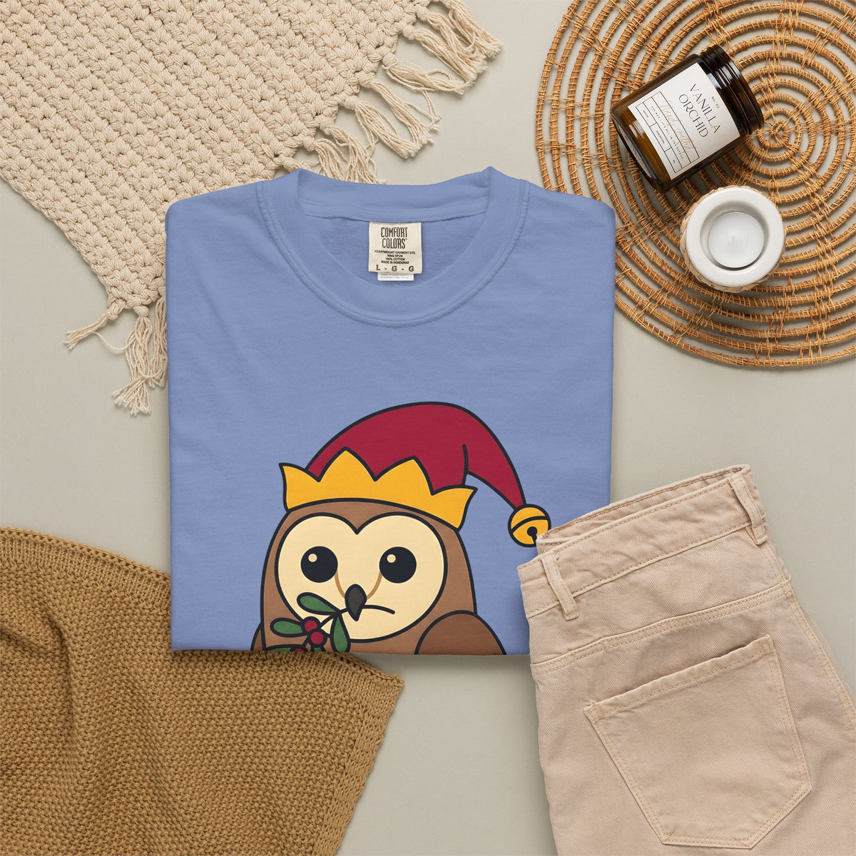 Owl Print T-Shirt Christmas Fauna Gift Women Playful T-Shirt Owl T-Shirt Christmas Fan Hoot Graphic Wildlife Illustration Fun Pine T-Shirt