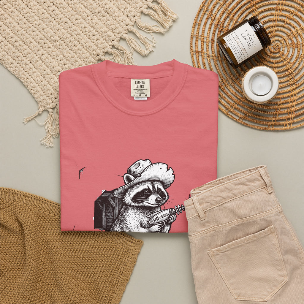 Raccoon Outlaw T-Shirt Raccoon Rodeo Gift Women Cartoon T-Shirt Bandit T-Shirt Raccoon Fan Trash Panda T-Shirt Cowboy Graphic Hand Drawn Ray Gun