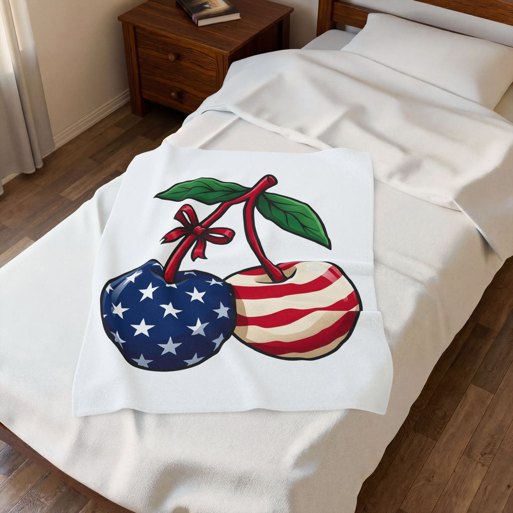 American Cherries 4Th Of July Beach Gift Comic Cherry Independence Day Fan Cartoon Coastal Blanket
