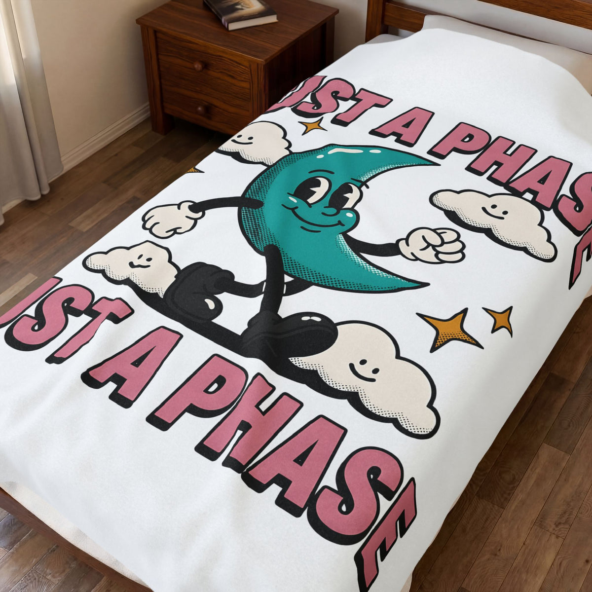 Moon Character Funny Stars Gift Hand Drawn Lunar Humor Fan Illustrated Celestial Sketch Cheerful Blanket