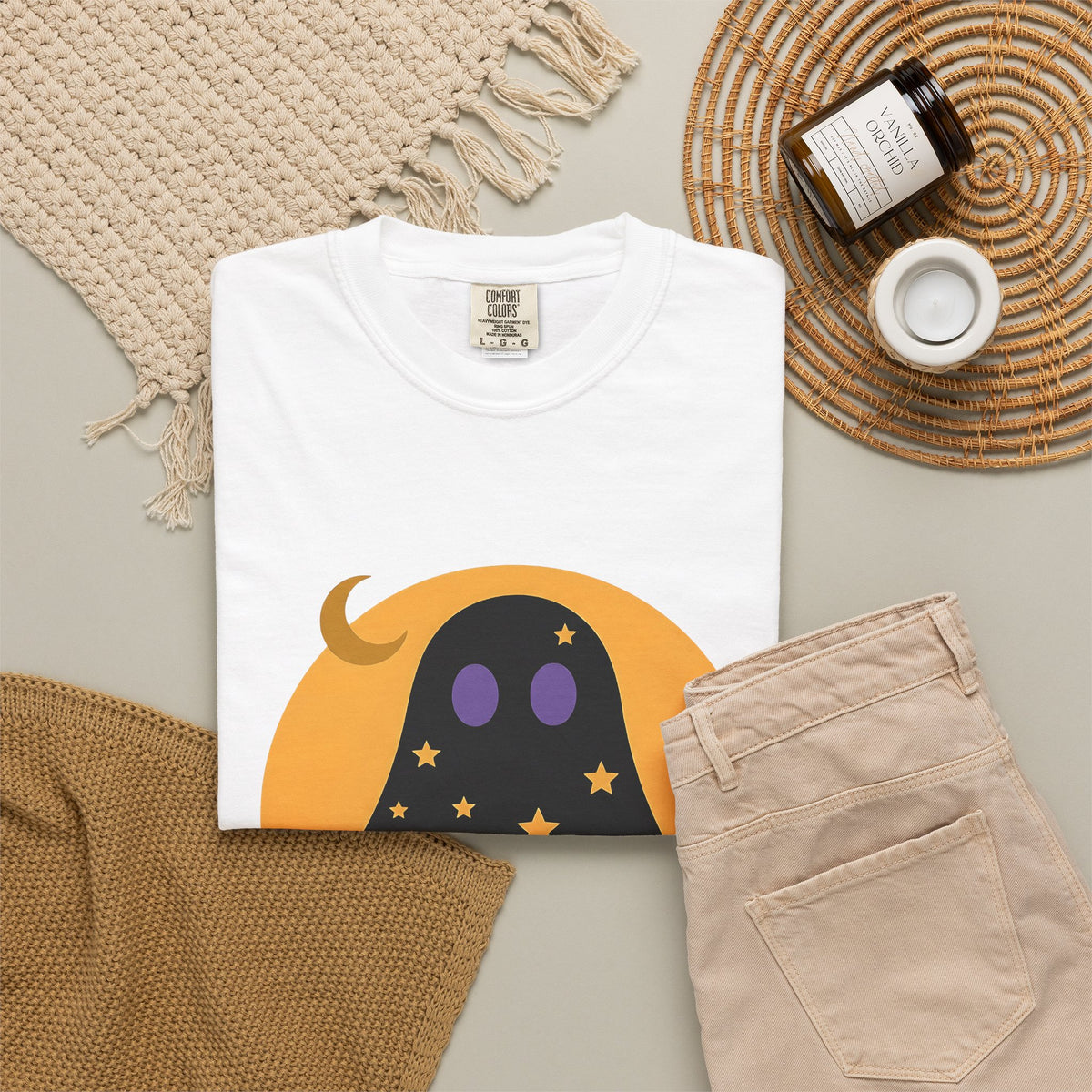 Ghost Halloween Spooky Gift Cute Specter Horror Fan Ghostly Macabre Minimalist Crescent T-Shirt