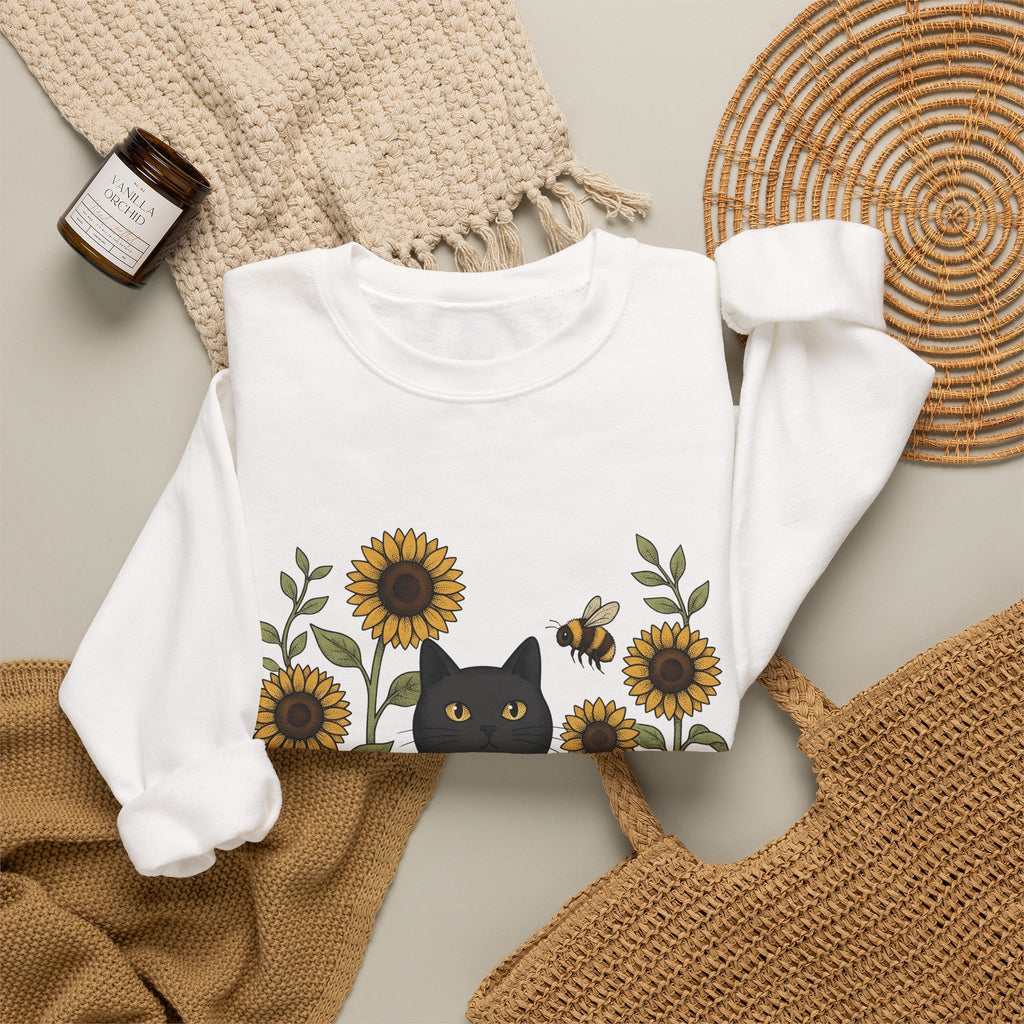 Dark Cat Sweatshirt Boho Chic Garden Gift Women Line Art Sweatshirt Black Cat Sweatshirt Bohemian Fan Minimalist Sweatshirt Gardening Graphic Cartoon Yellow
