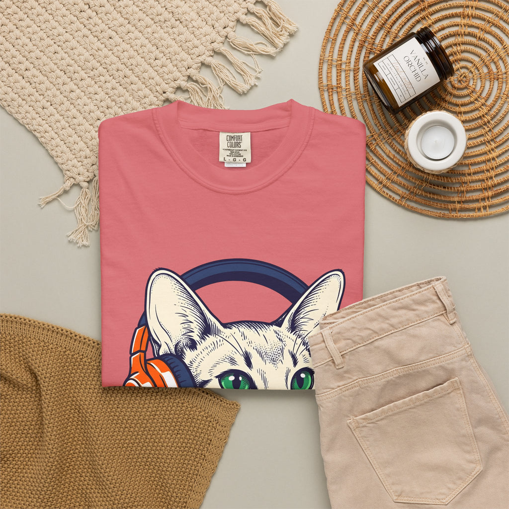 Cat Earphones T-Shirt Cat Sound Gift Women Minimalist T-Shirt Headphones T-Shirt Cat Fan Earphone T-Shirt Audio Graphic Classic Audio Gear T-Shirt