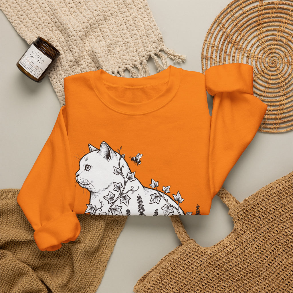 Feline Blossom Sweatshirt Cat Wildlife Gift Women Garden Sweatshirt Catflower Sweatshirt Cat Fan Animal Graphic Kitten Line Art Pollinator Sweatshirt