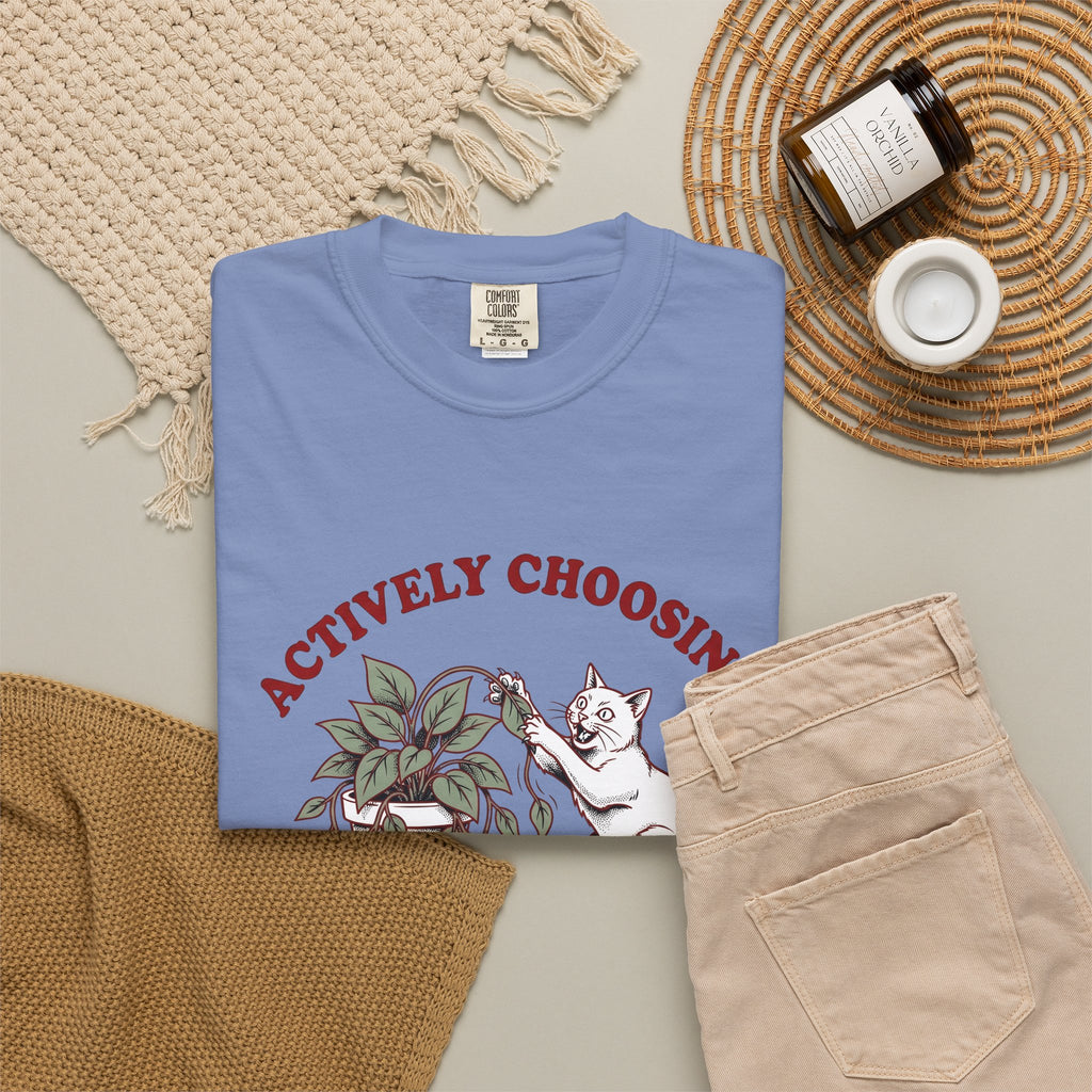 Feline Foliage T-Shirt Cat Comedy Gift Women Classic T-Shirt Cat Foliage T-Shirt Cat Fan Vintage T-Shirt Humor Graphic Ink Drawing Potted Plant