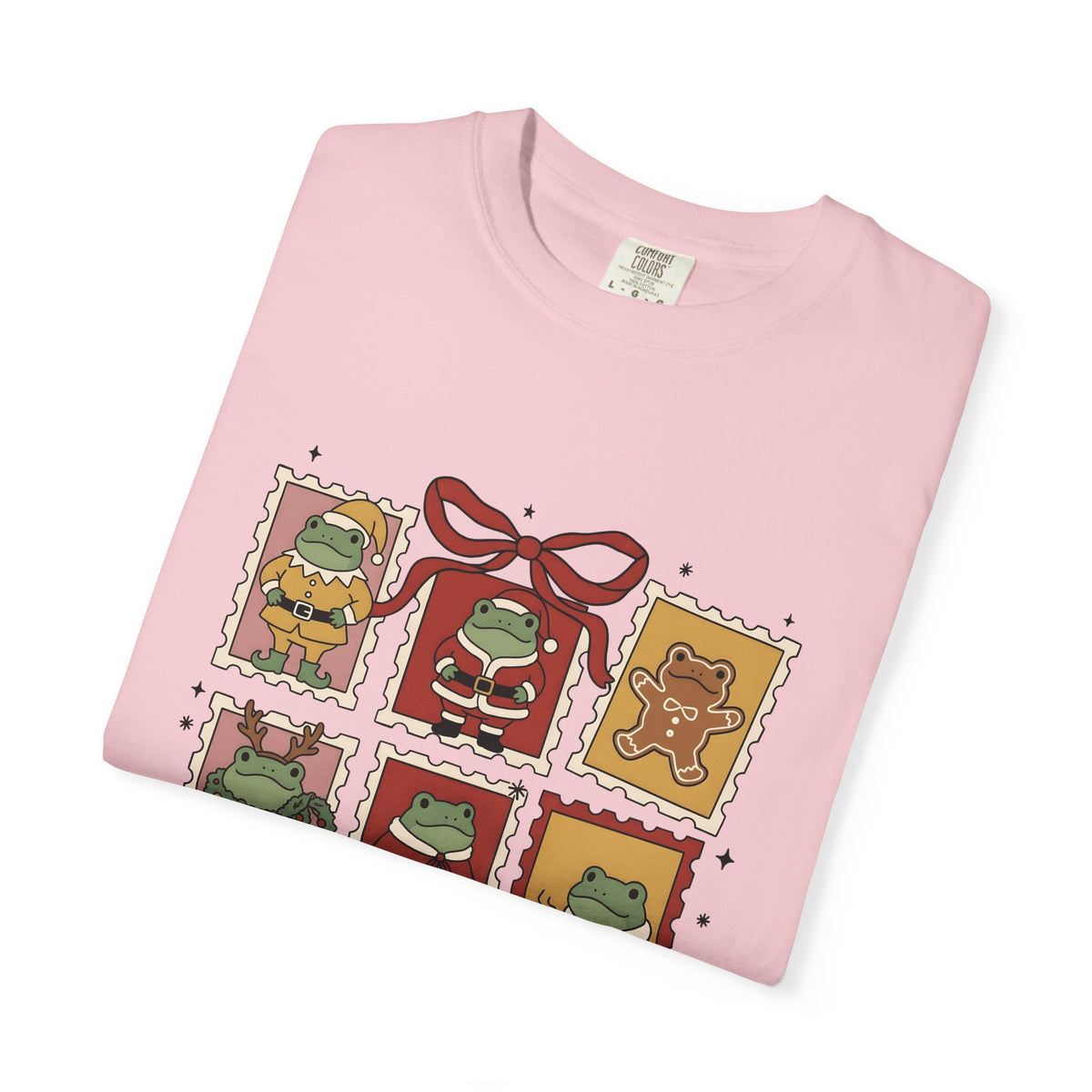 Frog Holiday Stamps T-Shirt Christmas Pets Gift Women Cute T-Shirt Toad T-Shirt Christmas Fan Kawaii T-Shirt Animal Graphic Vintage Festive Wreath
