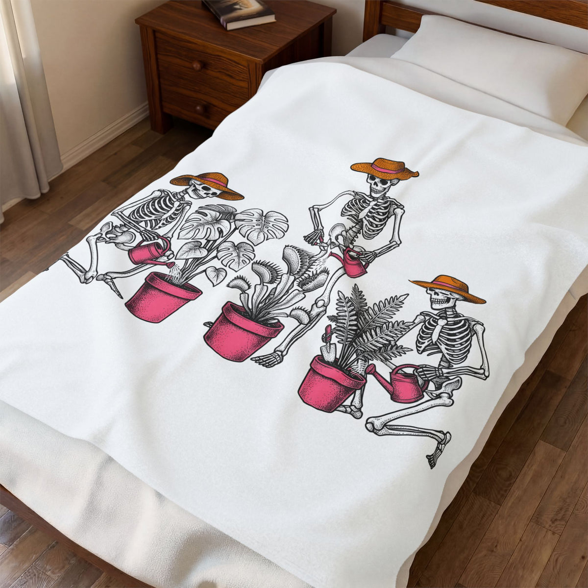 Skull Gardener Halloween Plants Gift Sketch Skeleton Horror Fan Drawing Floral Retro Potted Plants Blanket
