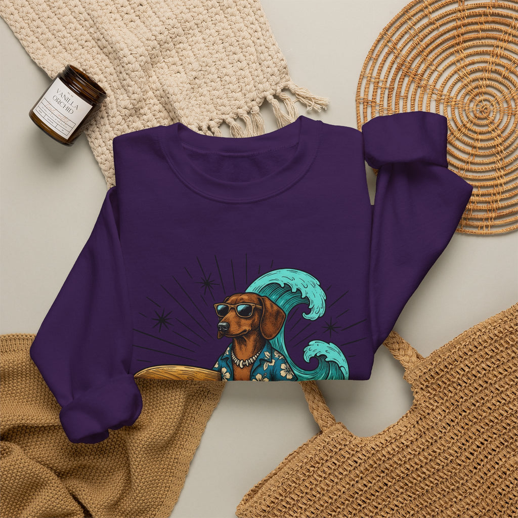 Dachshund Surfer Sweatshirt Dog Holiday Gift Women Animated Sweatshirt Wiener Dog Sweatshirt Dog Fan Cartoon Sweatshirt Vacation Graphic Retro Surfboard Sweatshirt