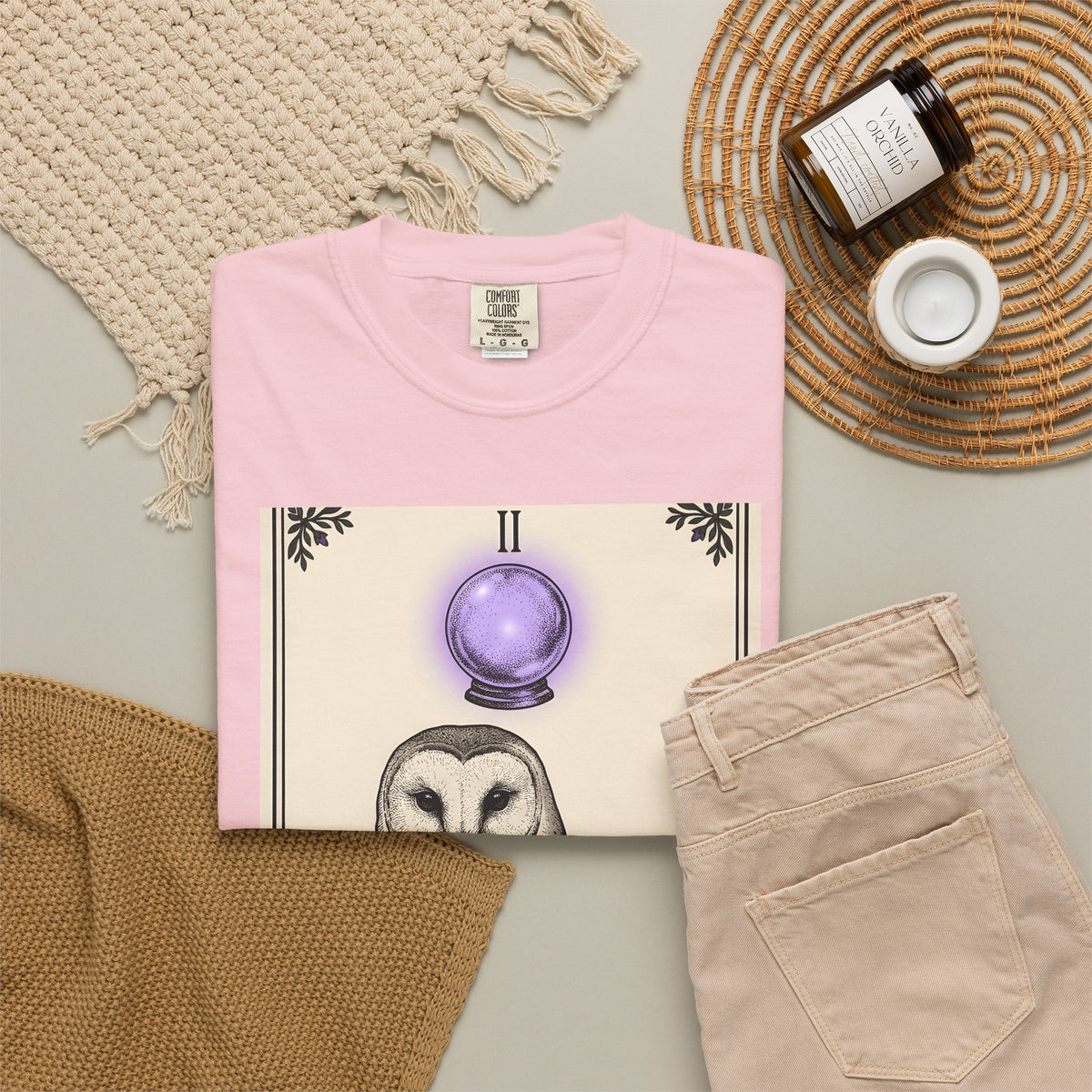 Barn Owl T-Shirt Boho Chic Magic Gift Women Oracle T-Shirt Owl T-Shirt Bohemian Fan Mystic T-Shirt Magical Graphic Hand Drawn Glass Sphere T-Shirt