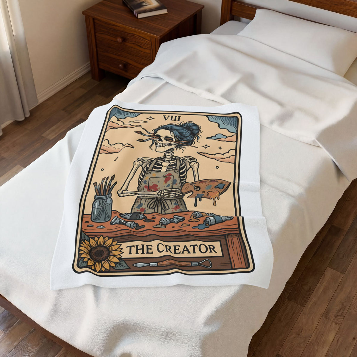 Skeleton Artist Blanket Artist Gothic Gift Women Tarot Card Blanket Skeleton Blanket Art Enthusiast Occult Graphic Blanket Vintage Sunflower Blanket