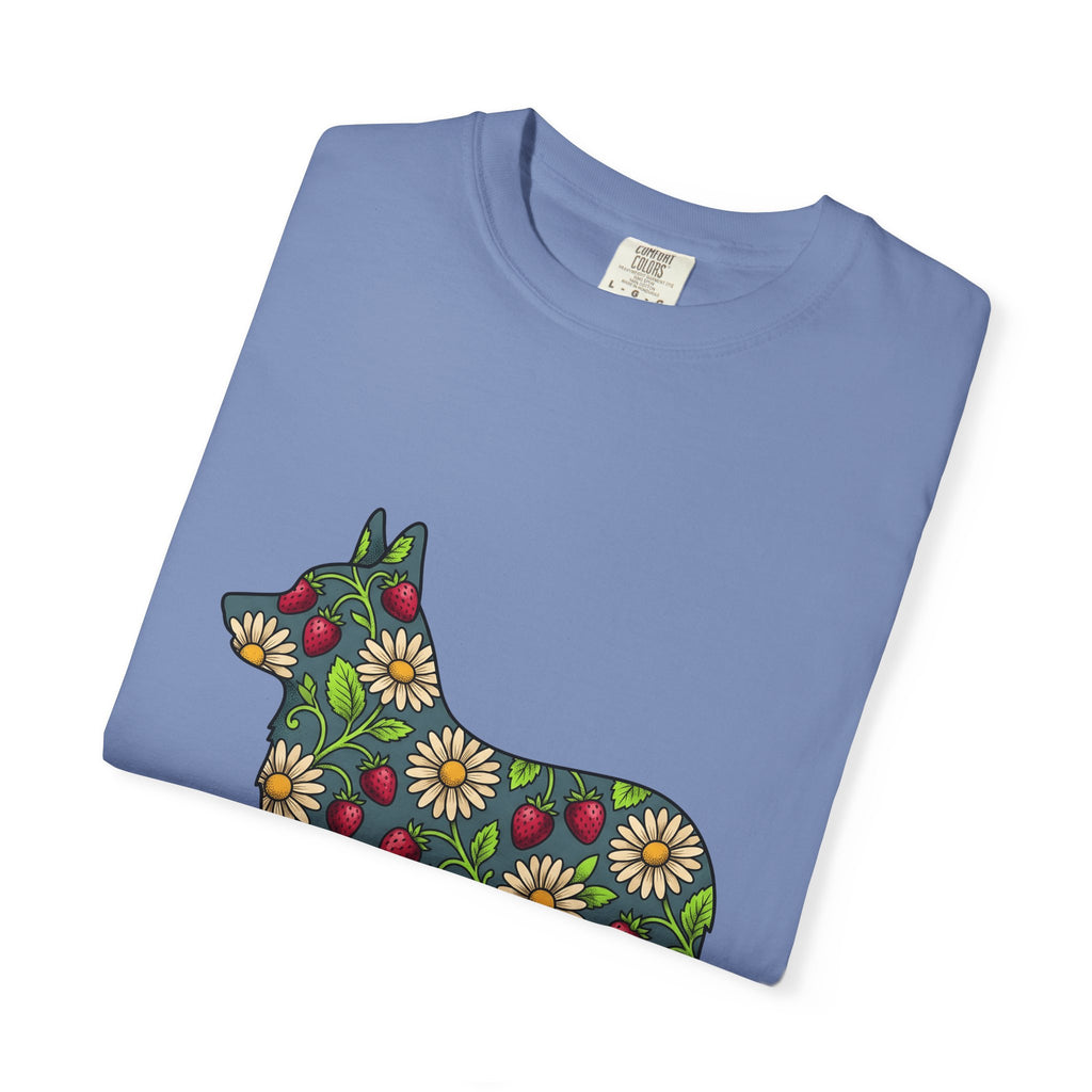 Corgi Blossom T-Shirt Dog Wildlife Gift Women Garden T-Shirt Puppy T-Shirt Dog Fan Animal Graphic Illustration T-Shirt Hand Drawn Fruit T-Shirt