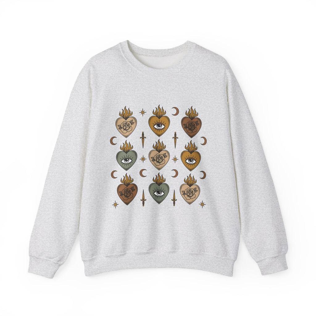 Sacred Heart Pattern Sweatshirt Boho Chic Mystical Gift Women Tattoo Sweatshirt Heart Design Sweatshirt Bohemian Fan Ink Graphic Sweatshirt Vintage Crescent