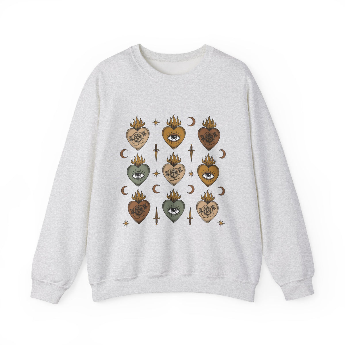 Sacred Heart Pattern Sweatshirt Boho Chic Mystical Gift Women Tattoo Sweatshirt Heart Design Sweatshirt Bohemian Fan Ink Graphic Sweatshirt Vintage Crescent