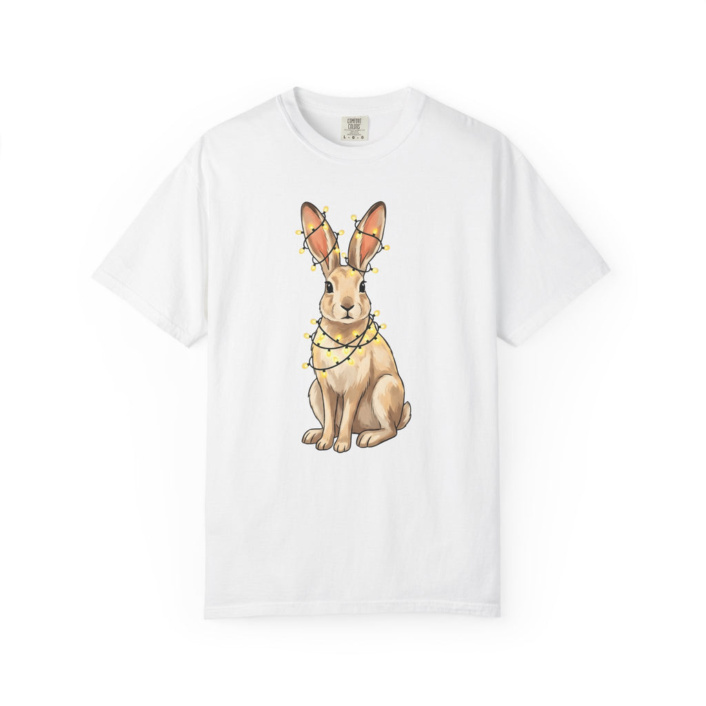 Bunny T-Shirt Animals Holiday Gift Women Cute T-Shirt Rabbit T-Shirt Pet Fan Cute T-Shirt Christmas Graphic Hand Drawn String Lights T-Shirt