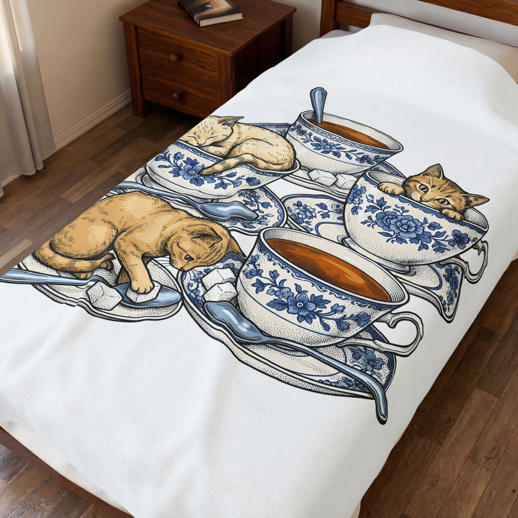 Cat Teacup Blanket Cat Beverage Gift Women Retro Blanket Kitty Blanket Cat Fan Vintage Blanket Coffee Graphic Sketch Flower Design Blanket