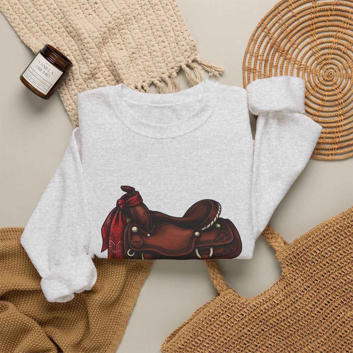 Western Saddle Cowgirl Western Gift Vintage Saddle Cowboy Fan Rodeo Hand Drawn Wheat Sweatshirt