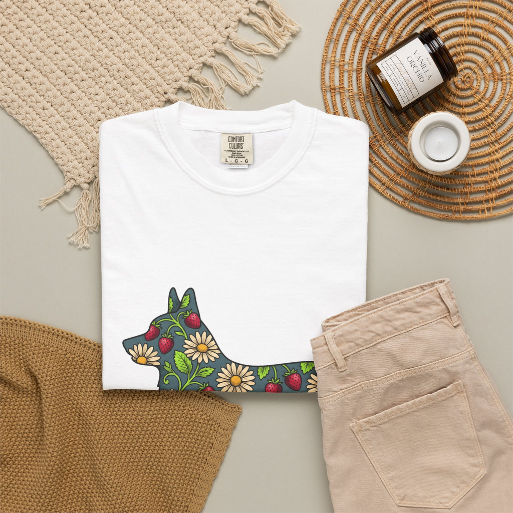 Corgi Blossom T-Shirt Dog Wildlife Gift Women Garden T-Shirt Puppy T-Shirt Dog Fan Animal Graphic Illustration T-Shirt Hand Drawn Fruit T-Shirt